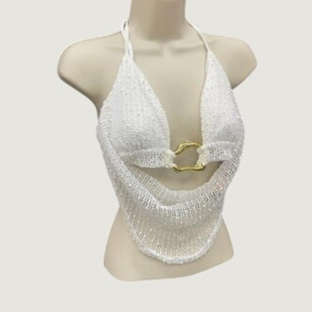 SHEINBAE White‎ Crochet Halter Top Gold Ring Detail Cowl Hem Boho Festival Small